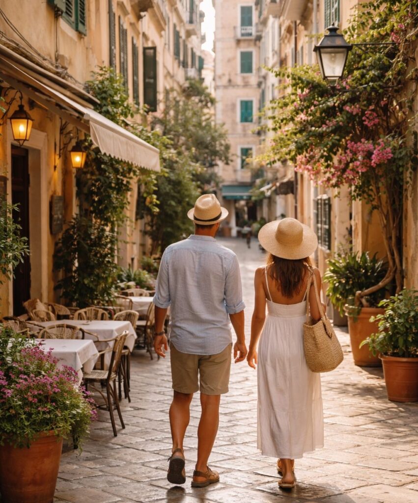 Couple walking in a narrow street in Corfu Old Town