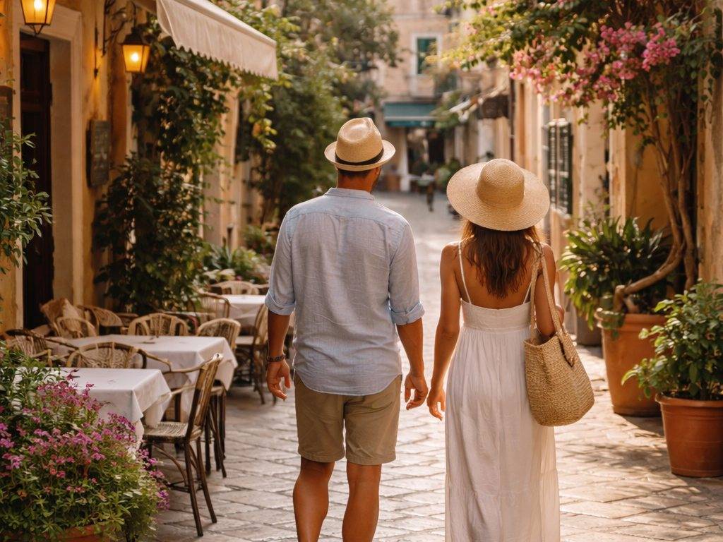 Couple walking in a kantouni street in Corfu Old Town at night